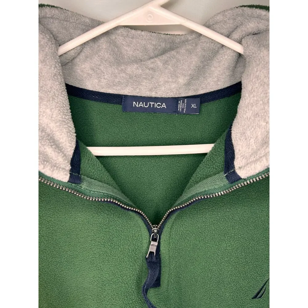 Nautica Men's XL Green Quarter Zip Fleece Pullover Navy Trim Embroidered Logo